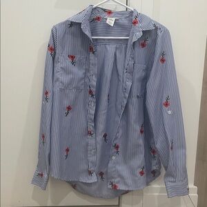 Promesa Blue and White Striped Button Down Shirt with Red Floral Accents